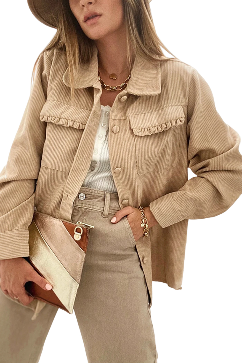 Light French Beige Solid Frilled Flap Pocket Button Up Corduroy Shacket view 21
