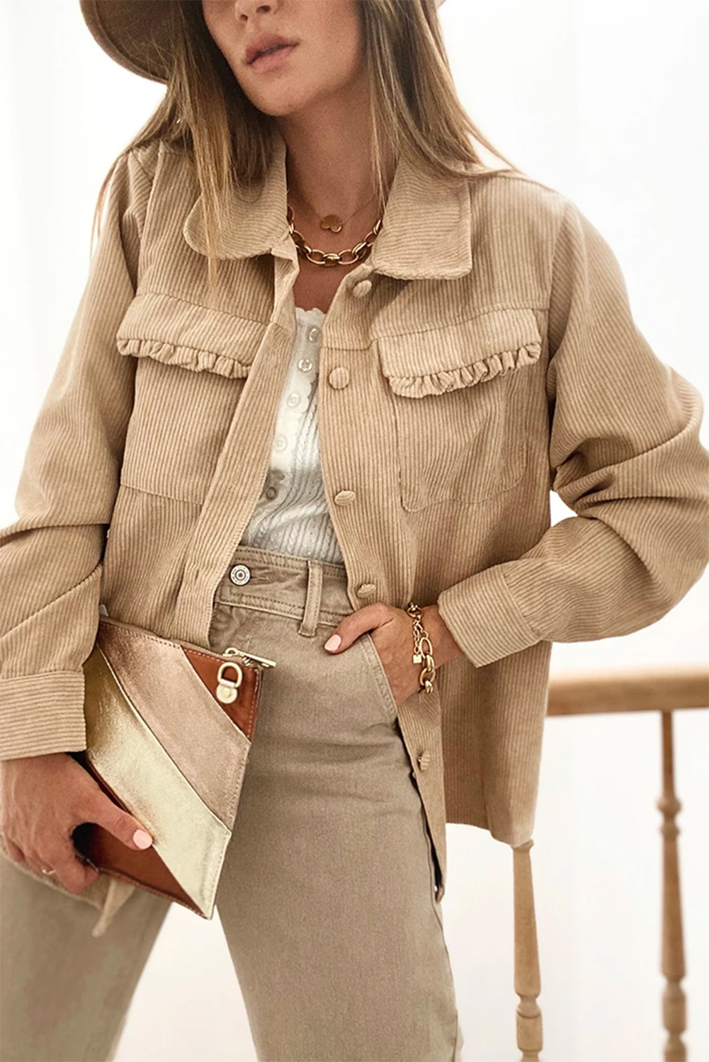 Light French Beige Solid Frilled Flap Pocket Button Up Corduroy Shacket view 8