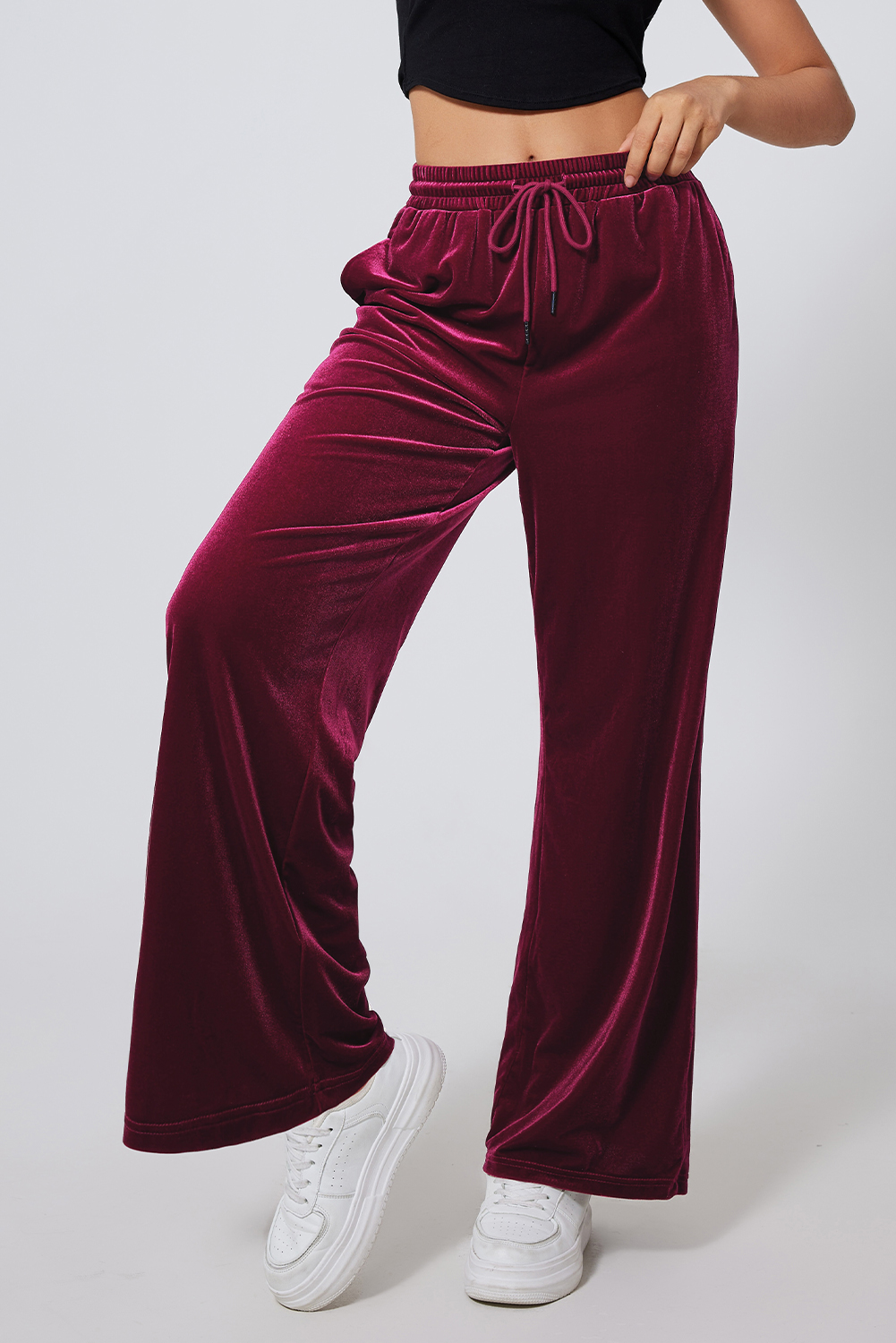 Burgundy Solid Drawstring Waist Wide Leg Pants view 4