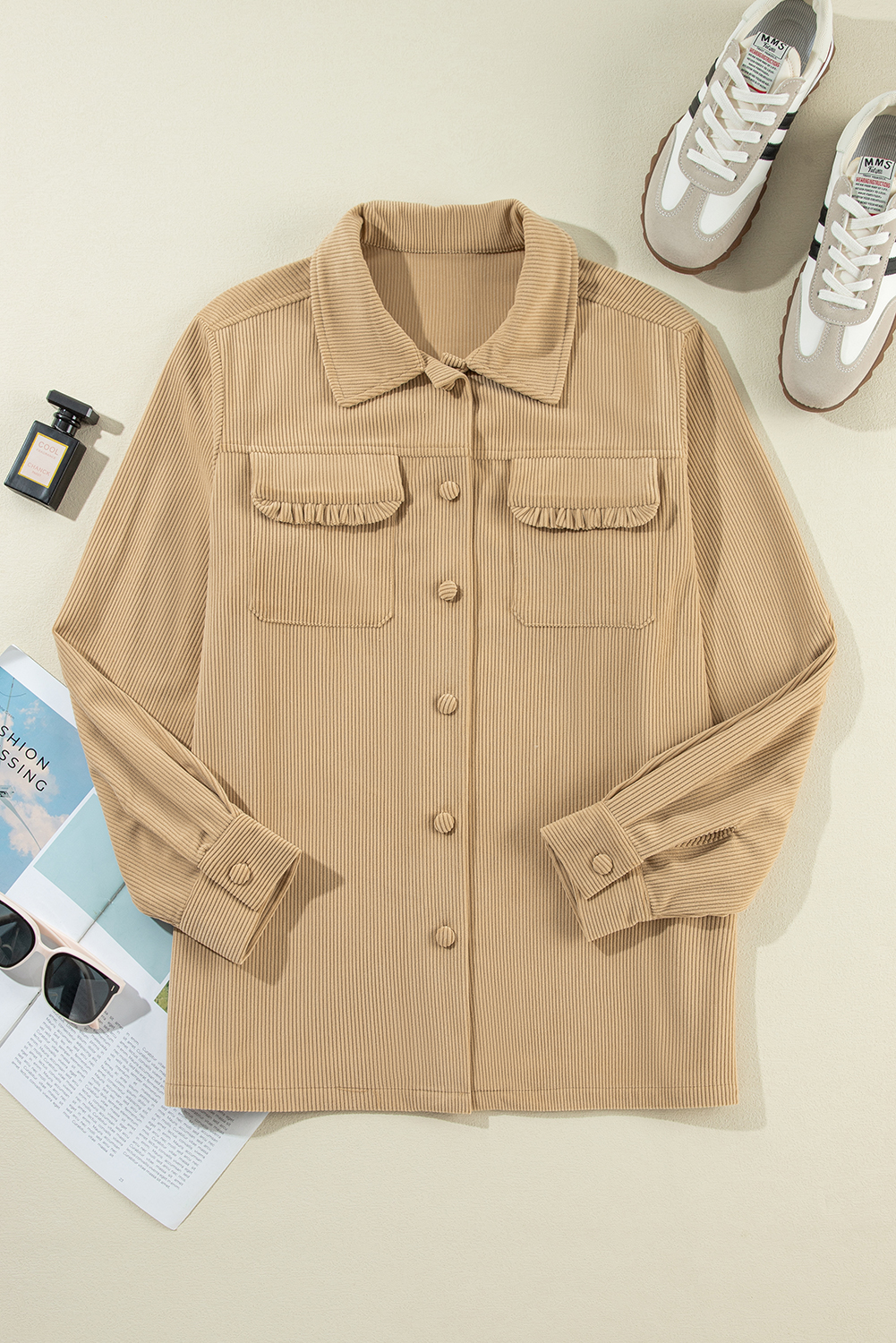 Light French Beige Solid Frilled Flap Pocket Button Up Corduroy Shacket view 12