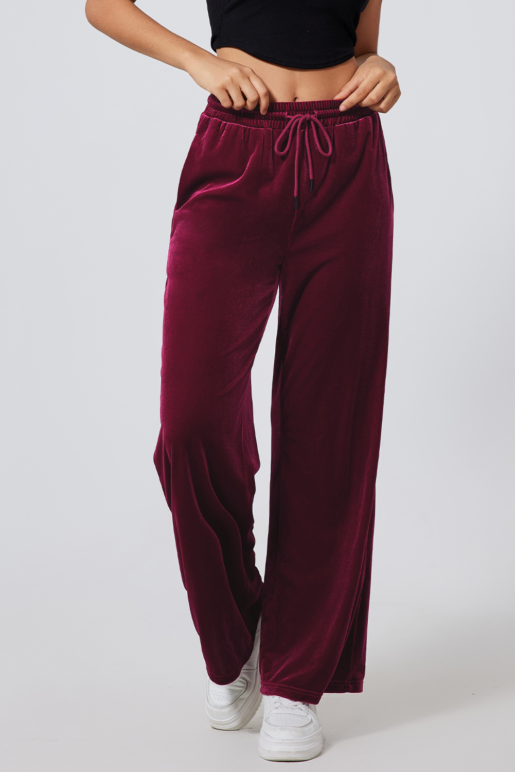 Burgundy Solid Drawstring Waist Wide Leg Pants view 8