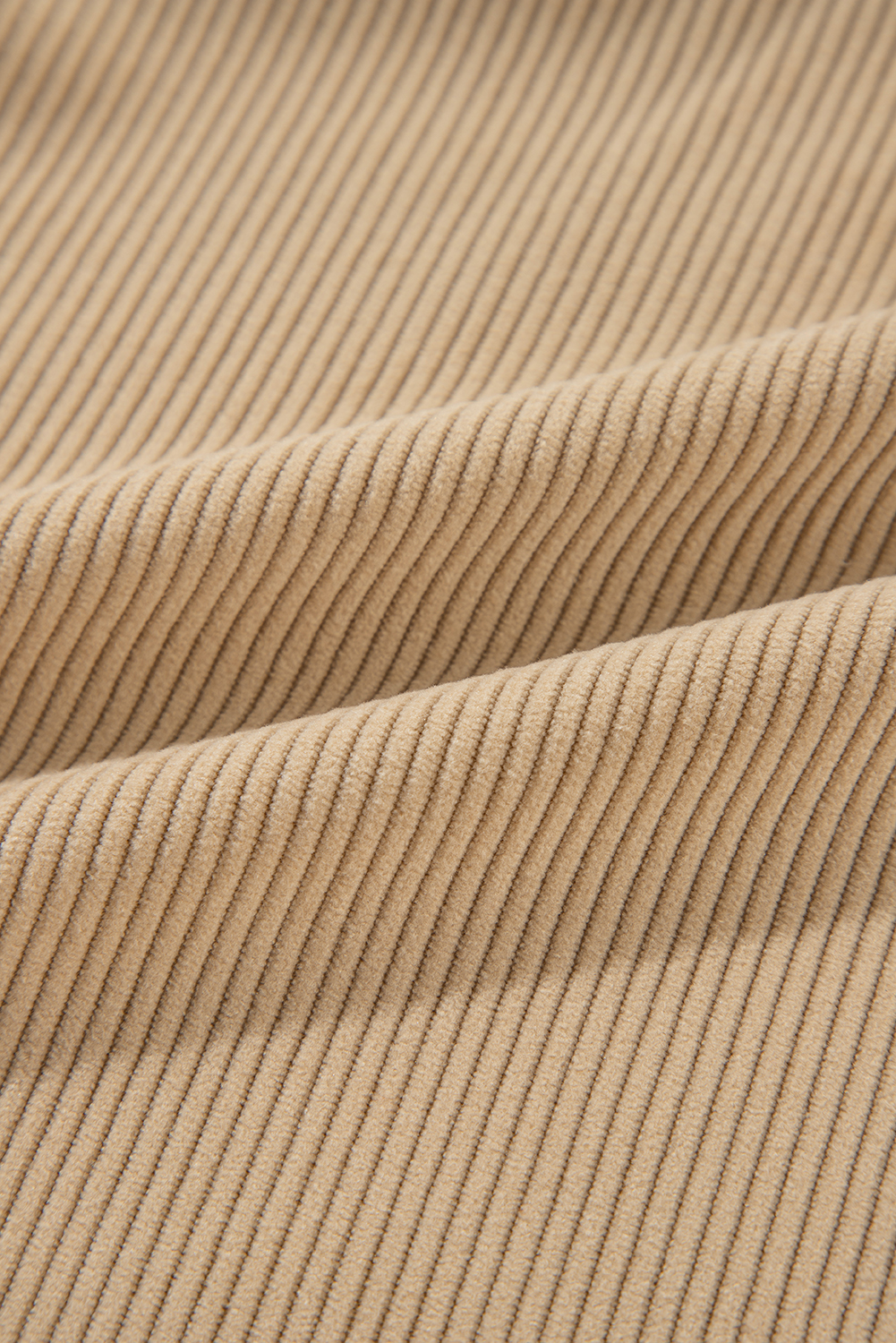 Light French Beige Solid Frilled Flap Pocket Button Up Corduroy Shacket view 19