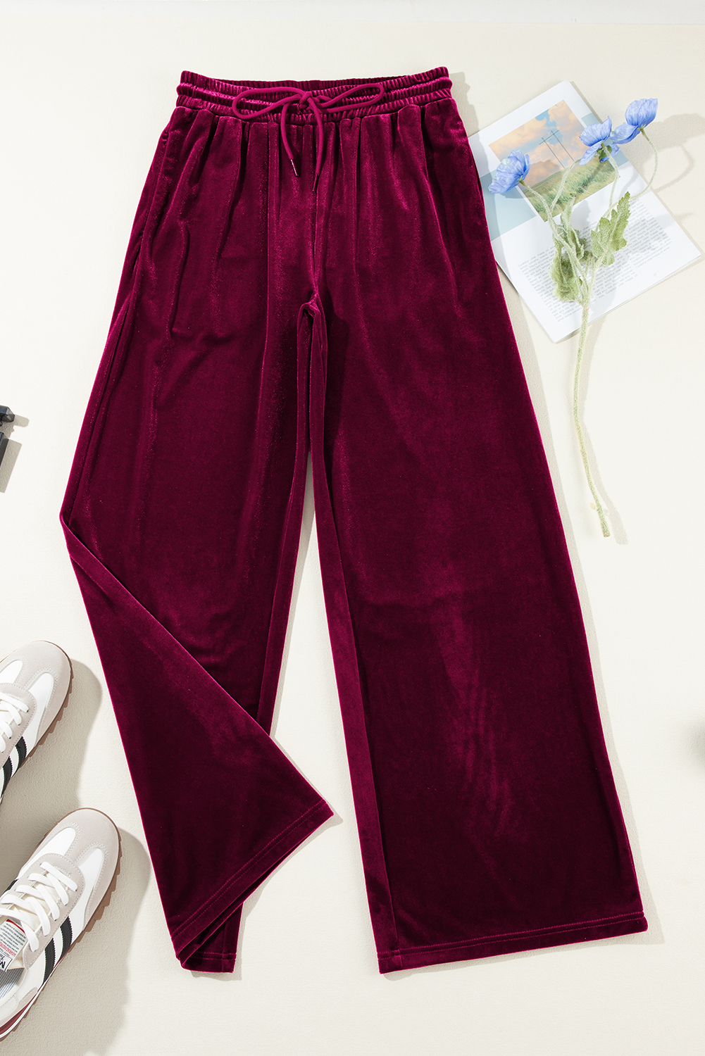 Burgundy Solid Drawstring Waist Wide Leg Pants view 15