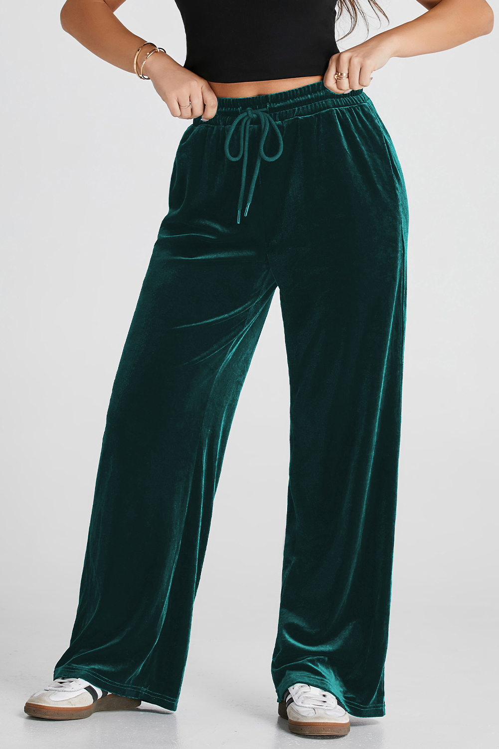 Evergreen Solid Drawstring Waist Wide Leg Pants view 6