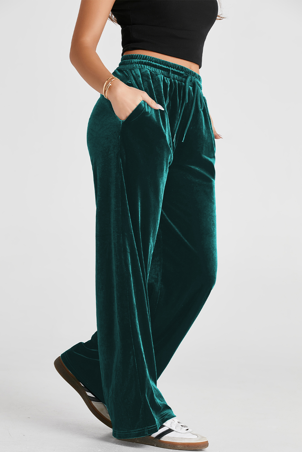 Evergreen Solid Drawstring Waist Wide Leg Pants view 5