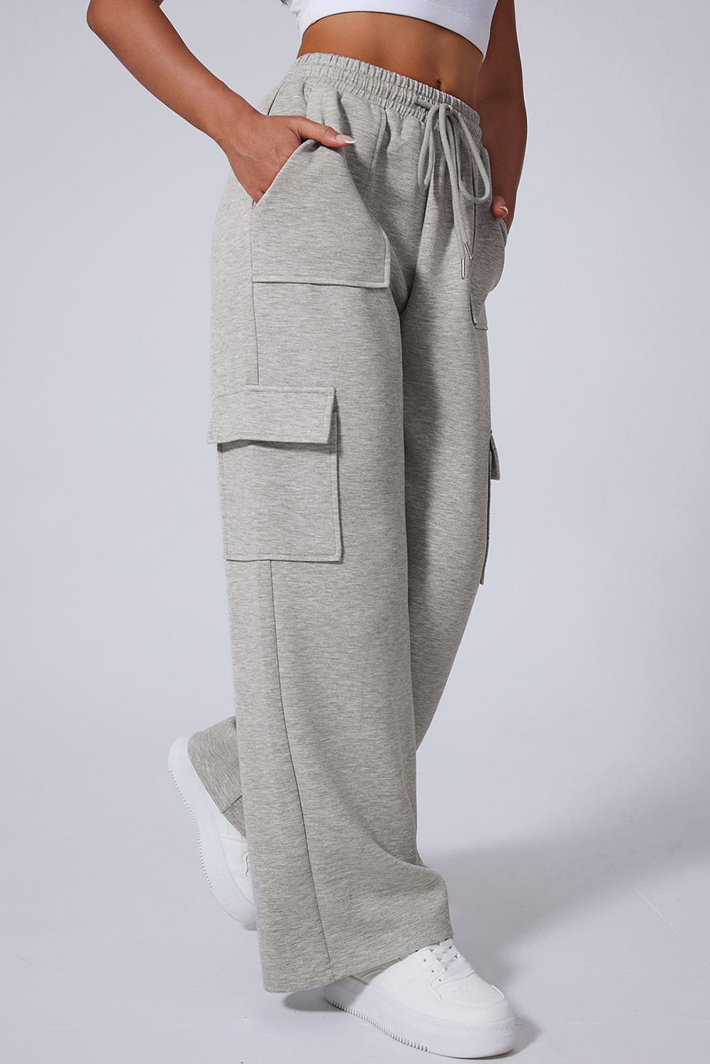 Light Grey Multi Pockets Lace-up High Waist Wide Leg Workout Pants view 5