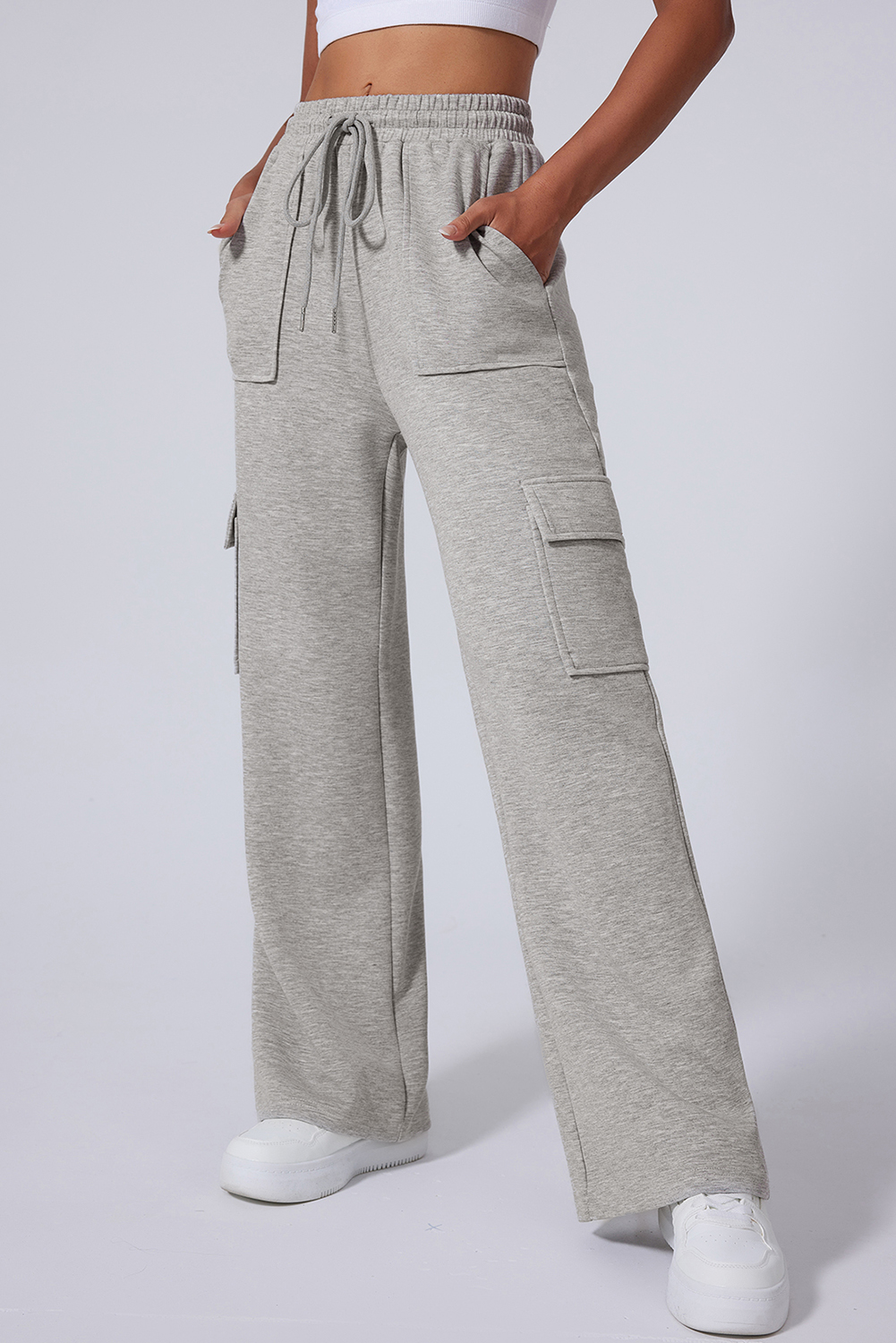 Light Grey Multi Pockets Lace-up High Waist Wide Leg Workout Pants view 3