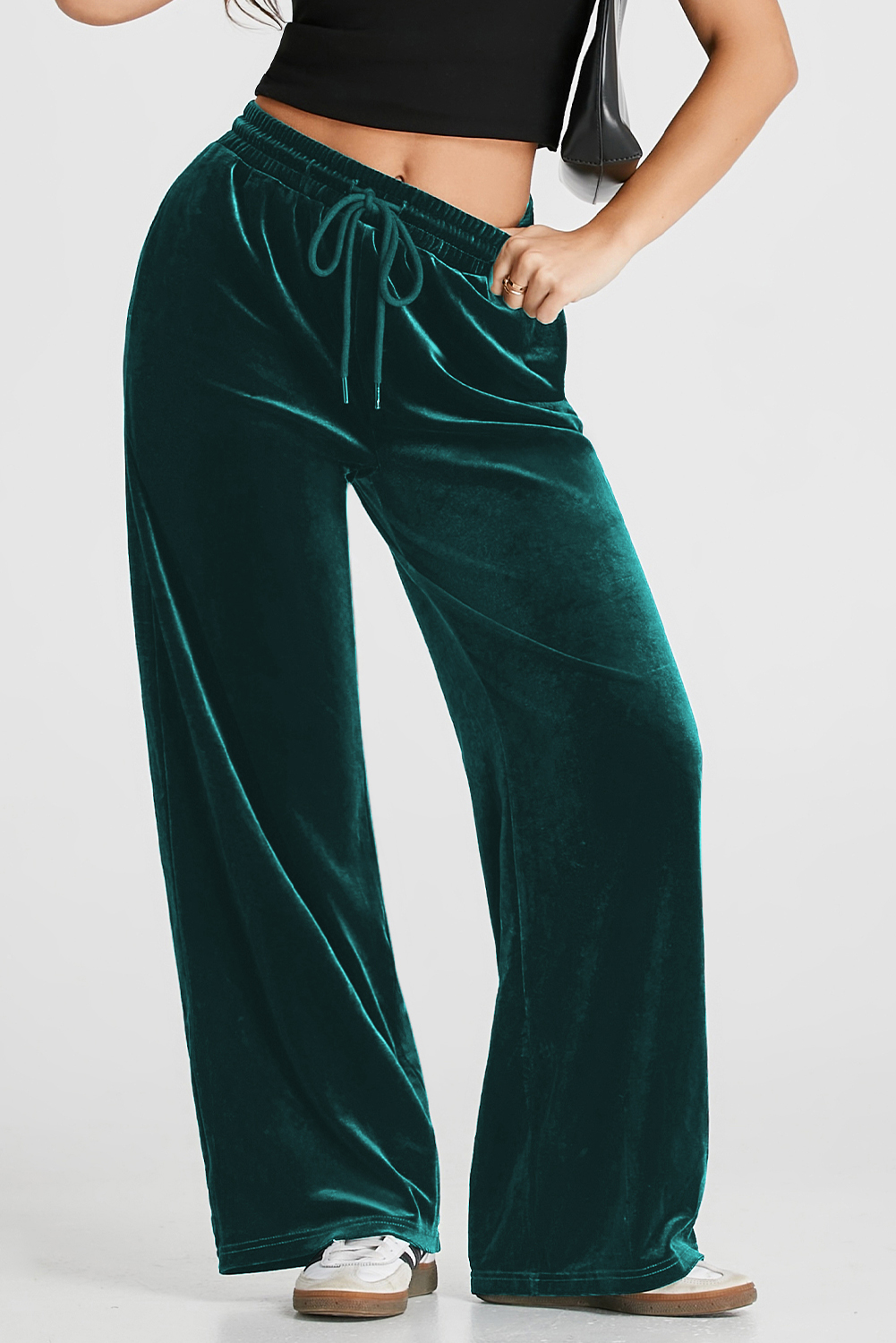 Evergreen Solid Drawstring Waist Wide Leg Pants view 9