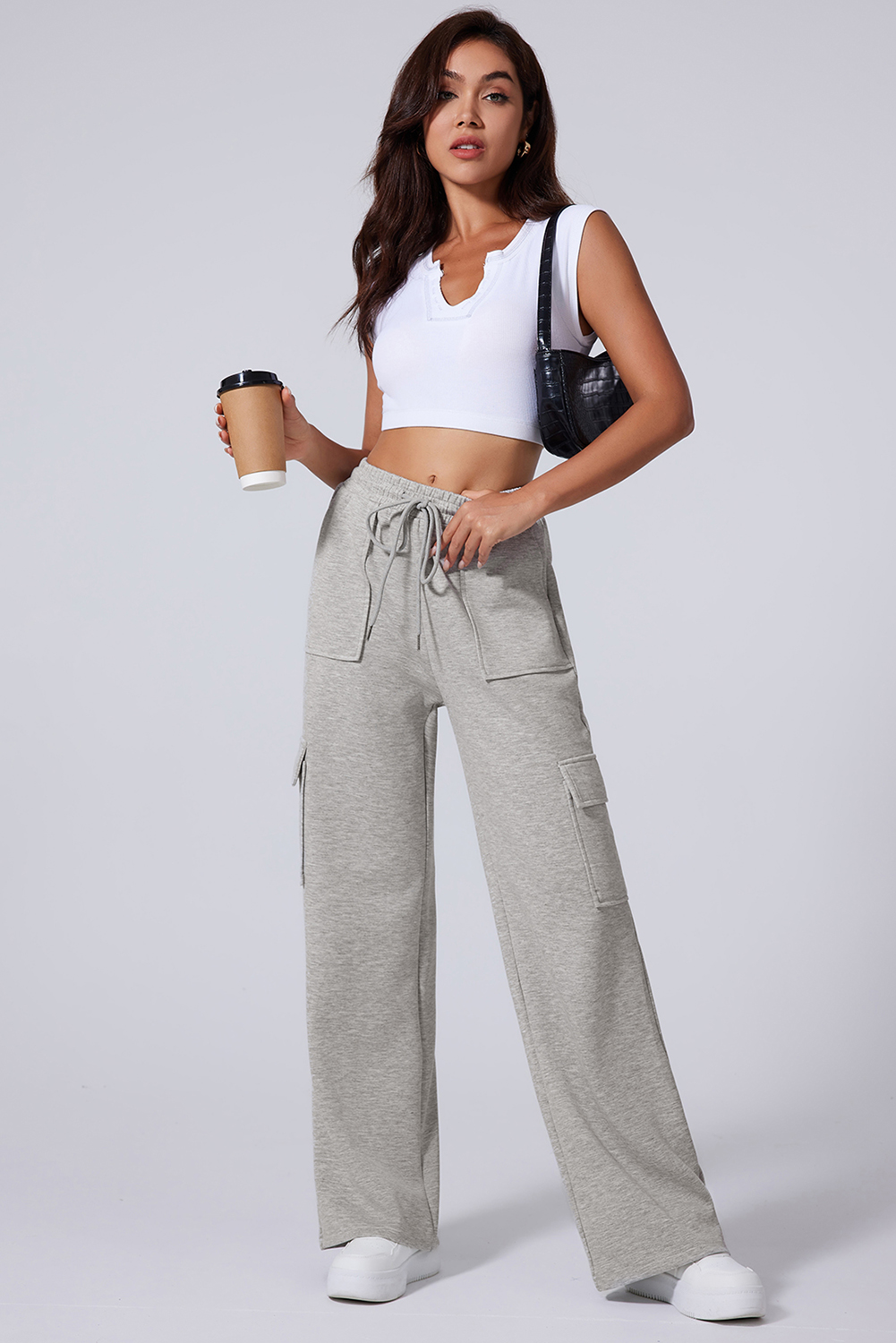 Light Grey Multi Pockets Lace-up High Waist Wide Leg Workout Pants view 6