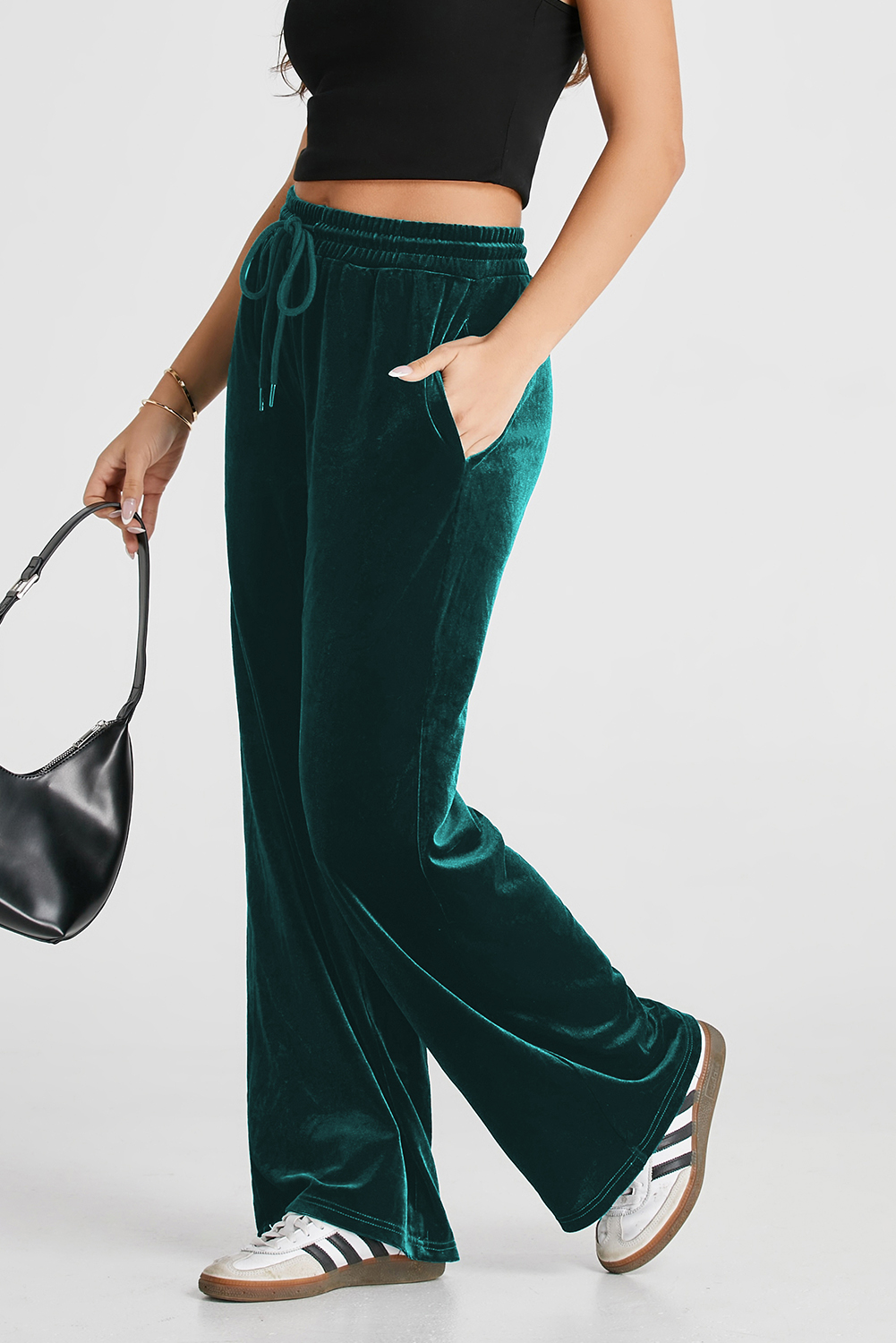 Evergreen Solid Drawstring Waist Wide Leg Pants view 4