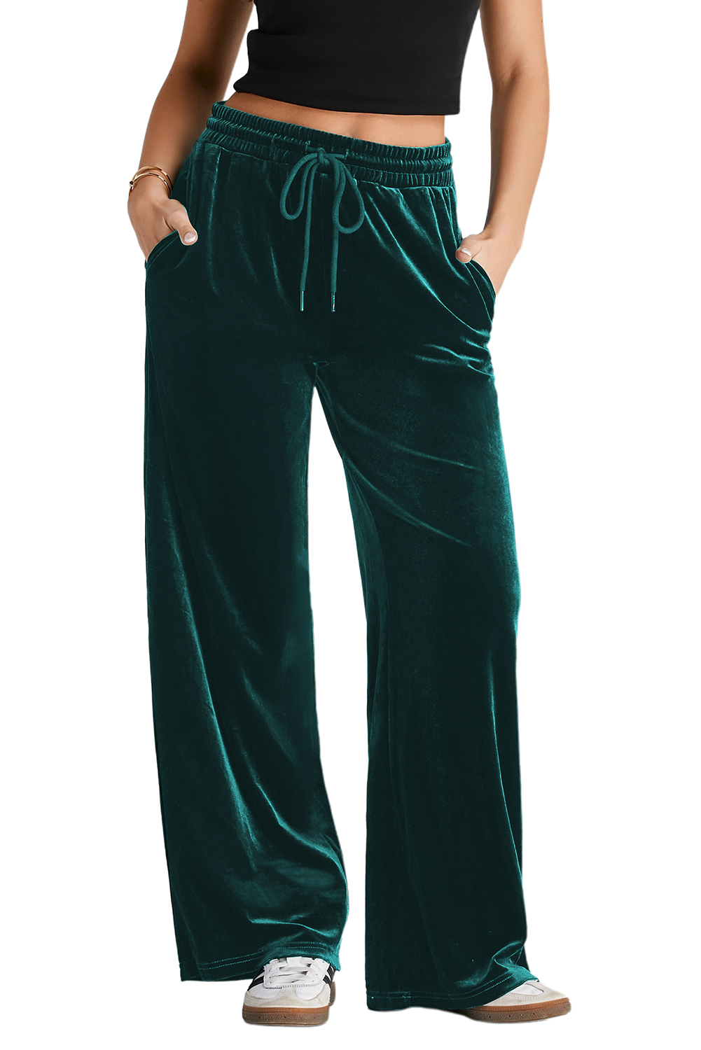 Evergreen Solid Drawstring Waist Wide Leg Pants view 21
