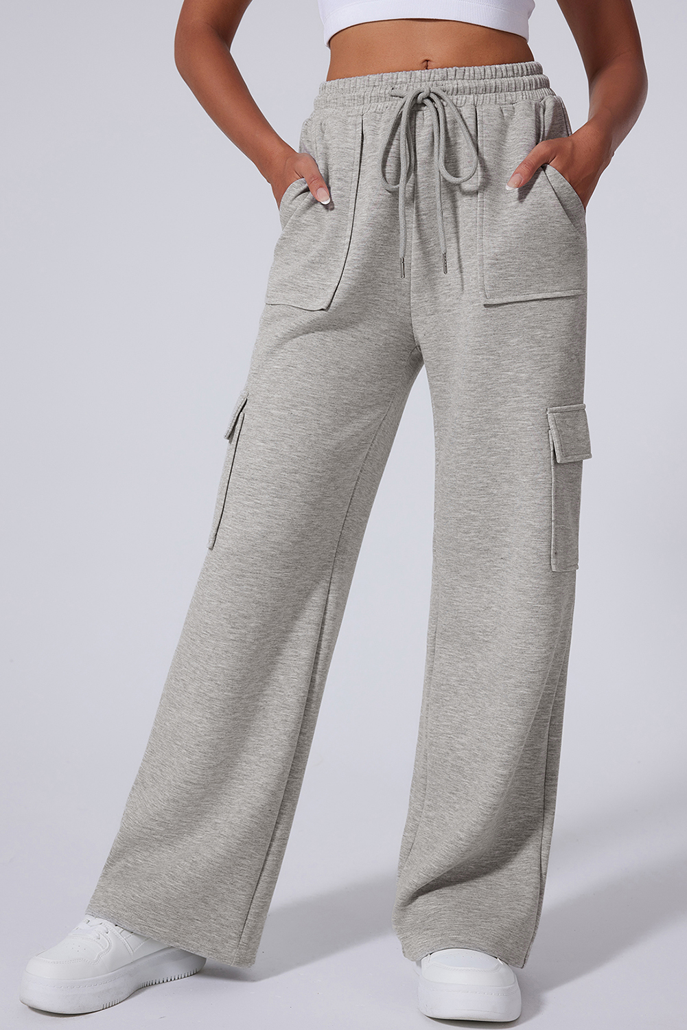 Light Grey Multi Pockets Lace-up High Waist Wide Leg Workout Pants view 4