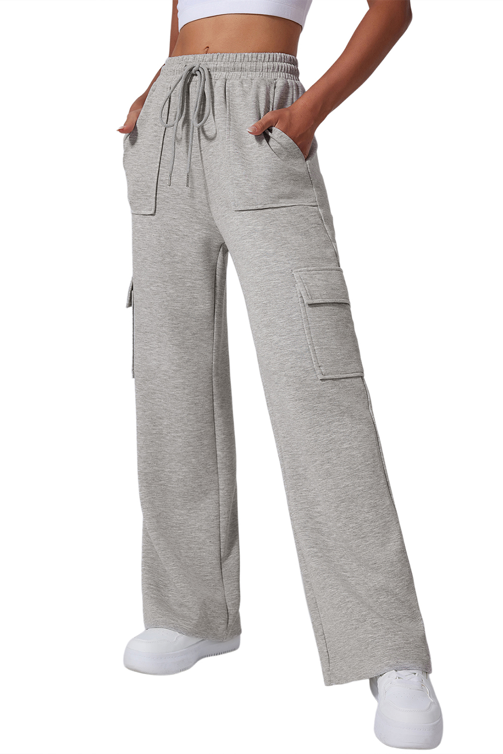 Light Grey Multi Pockets Lace-up High Waist Wide Leg Workout Pants view 21