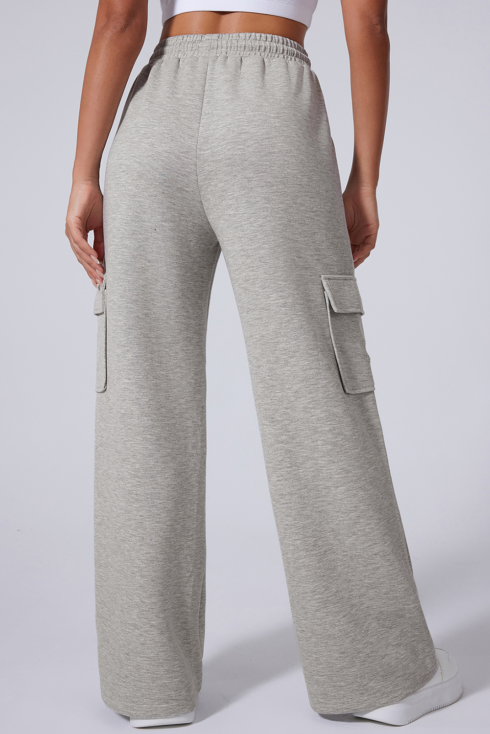 Light Grey Multi Pockets Lace-up High Waist Wide Leg Workout Pants view 2