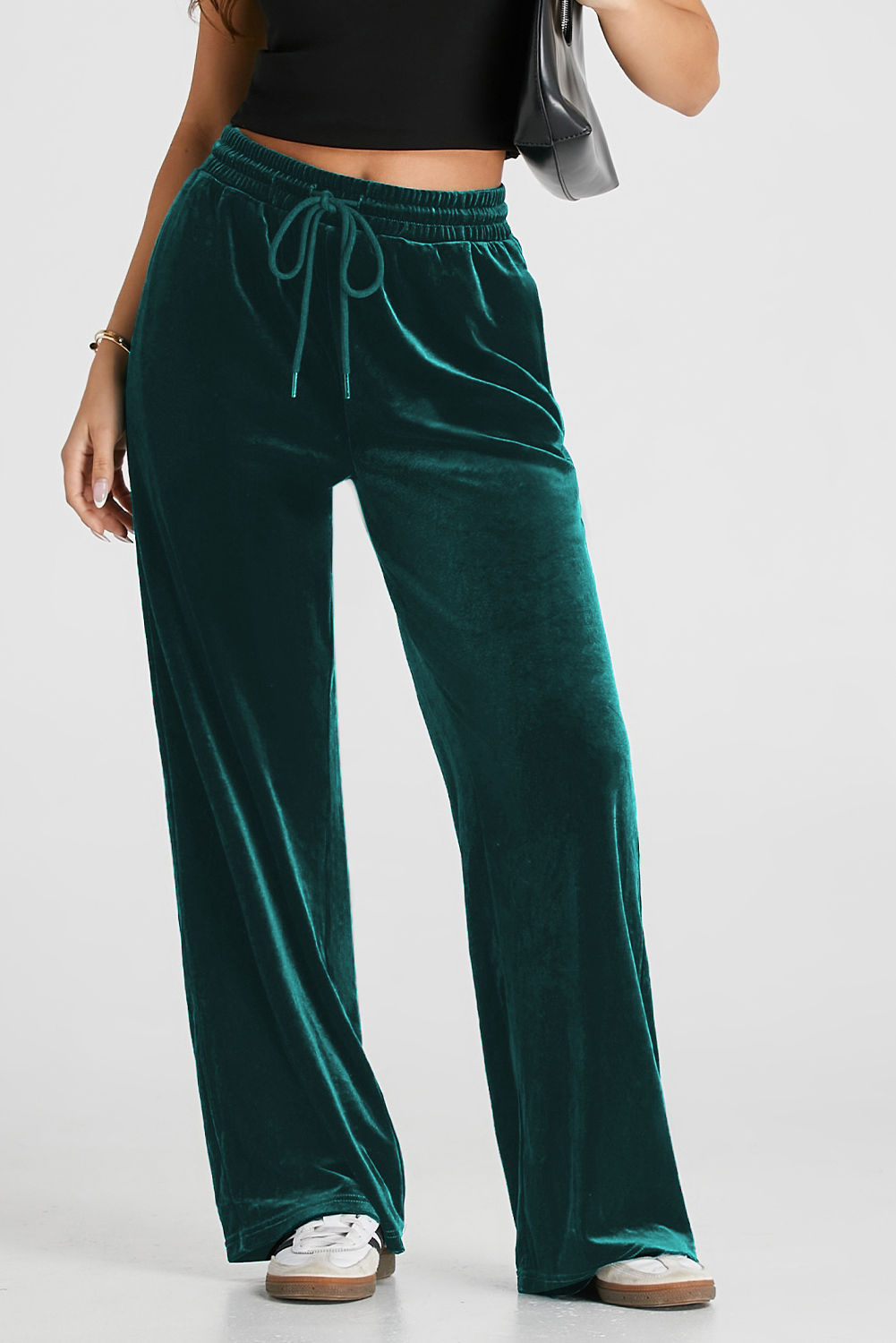 Evergreen Solid Drawstring Waist Wide Leg Pants view 3