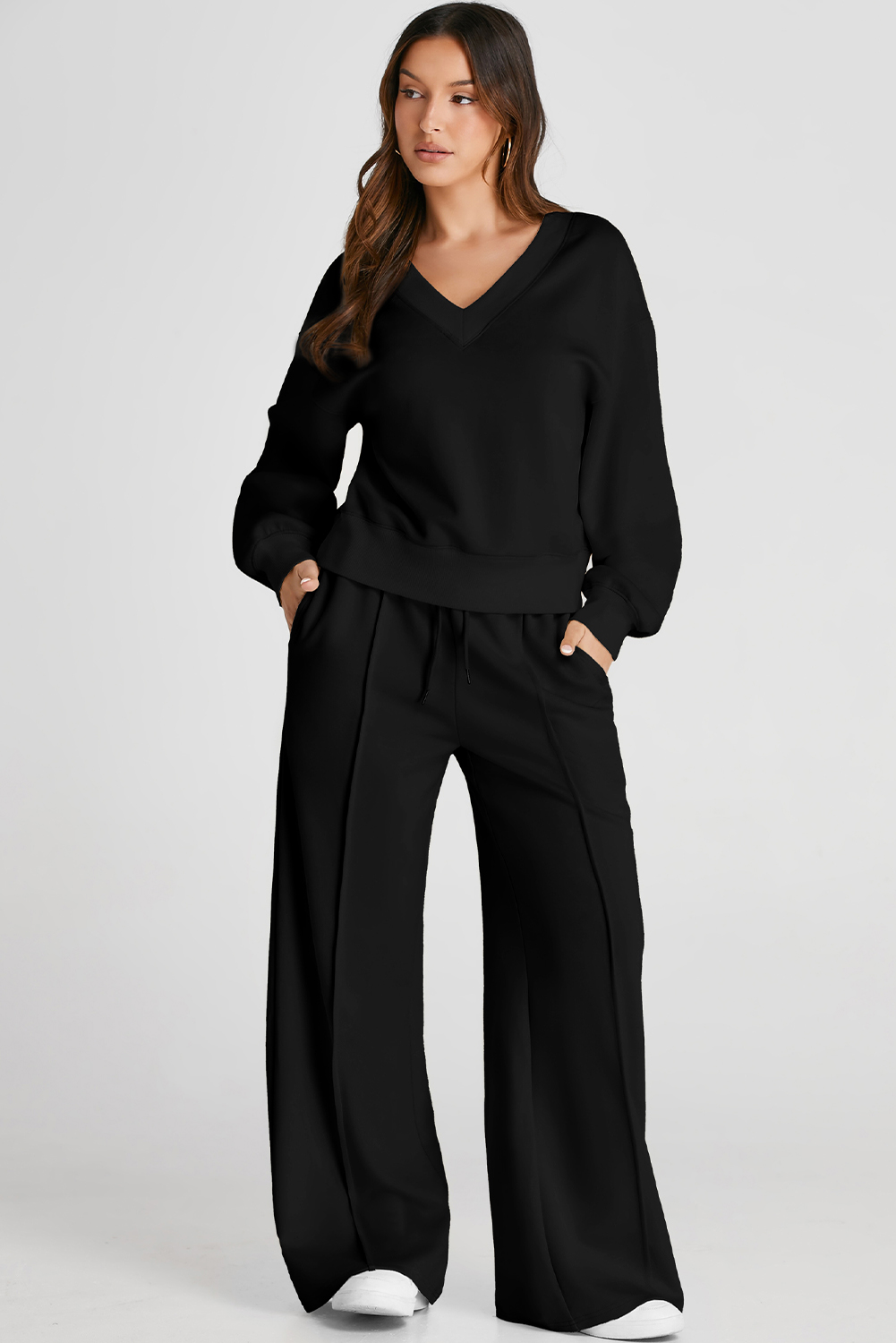 Black V Neck Cropped Seamed High Waist Sports Wear view 5