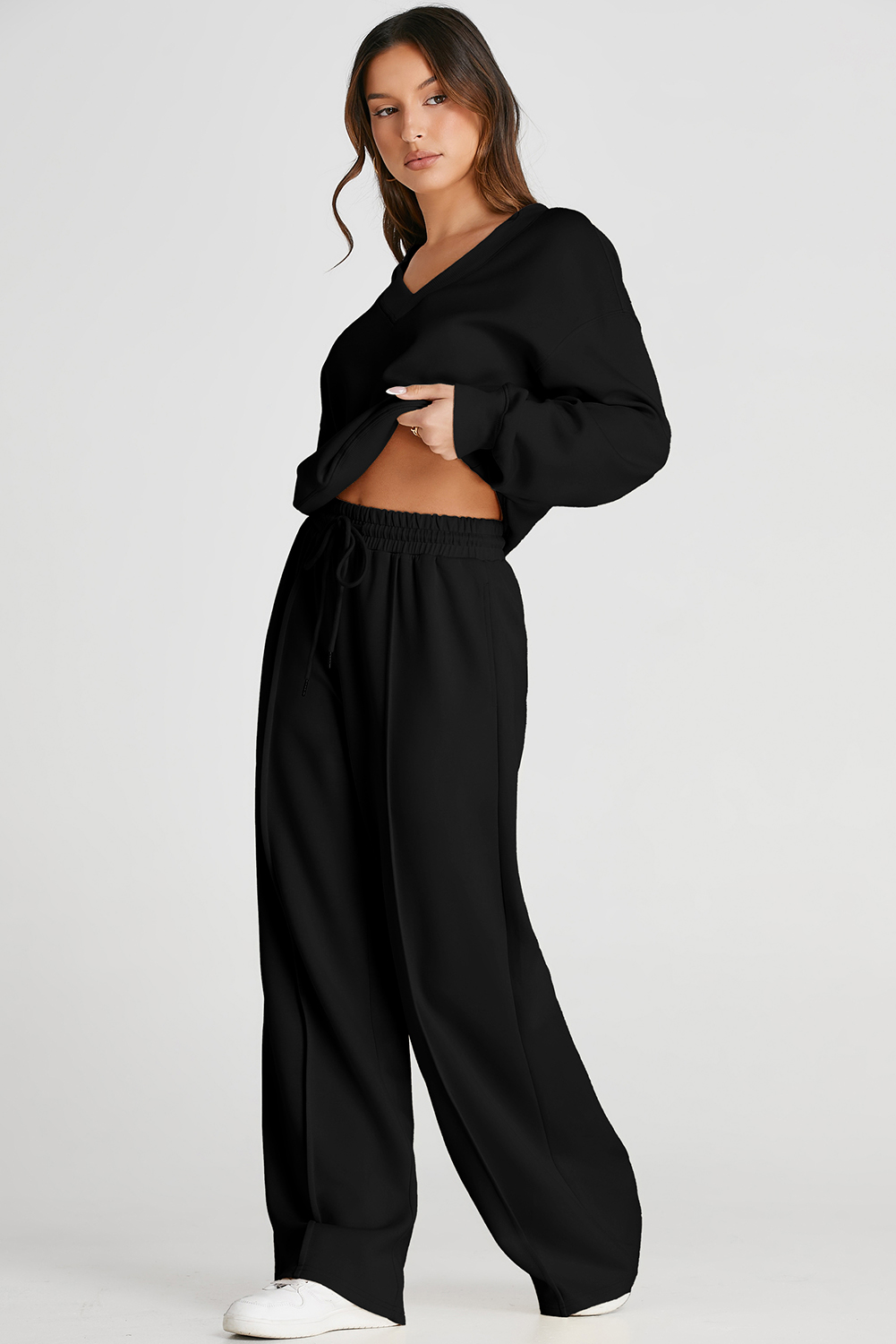 Black V Neck Cropped Seamed High Waist Sports Wear view 4