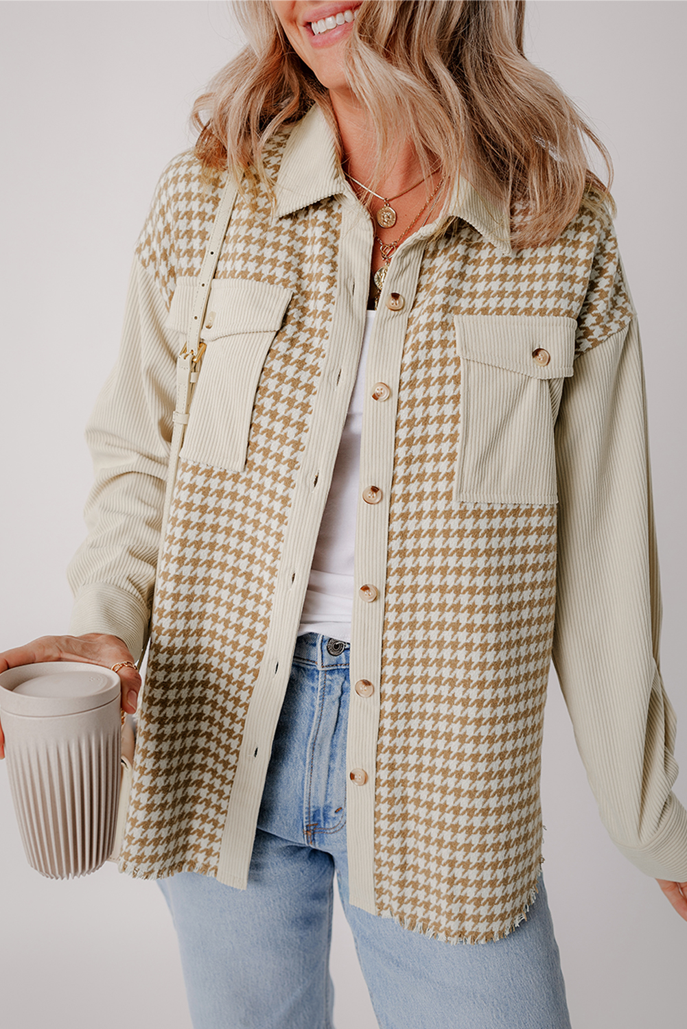 Parchment Houndstooth Corduroy Patchwork Flap Pocket Shacket view 7