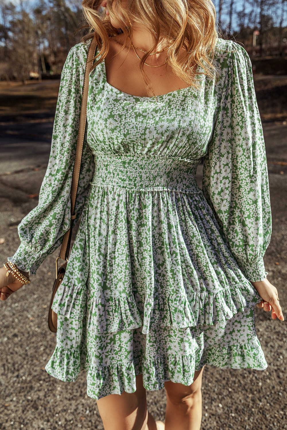 Floral Square Neck Shirred Back Mini Dress