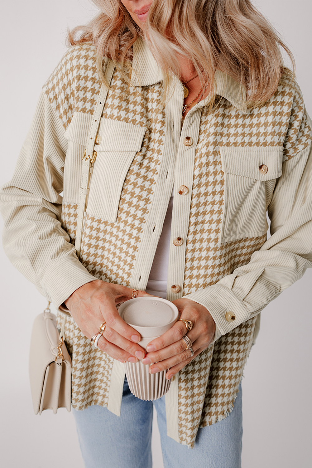 Parchment Houndstooth Corduroy Patchwork Flap Pocket Shacket view 6
