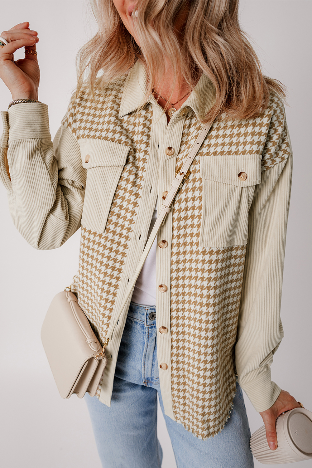 Parchment Houndstooth Corduroy Patchwork Flap Pocket Shacket view 3