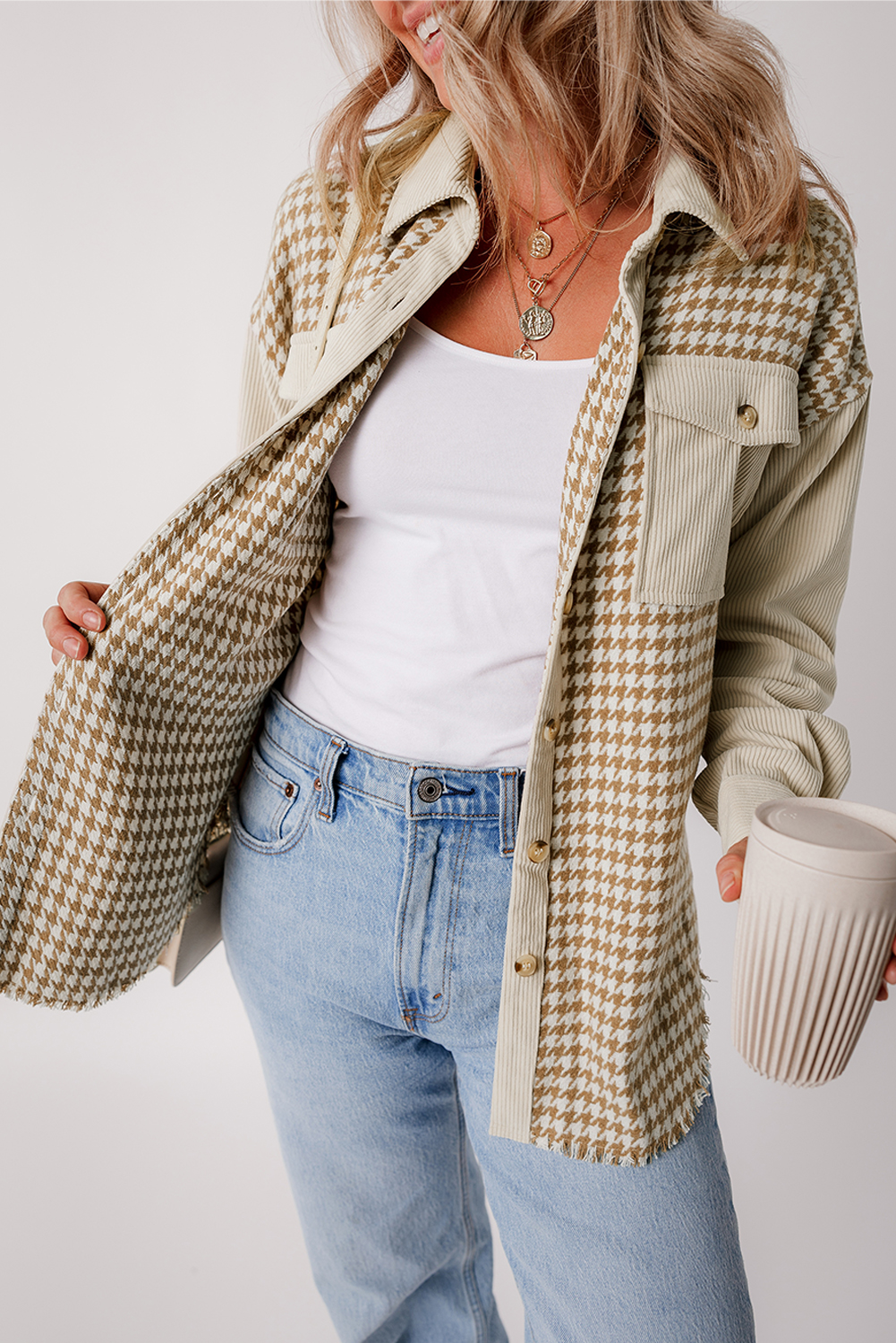 Parchment Houndstooth Corduroy Patchwork Flap Pocket Shacket view 4
