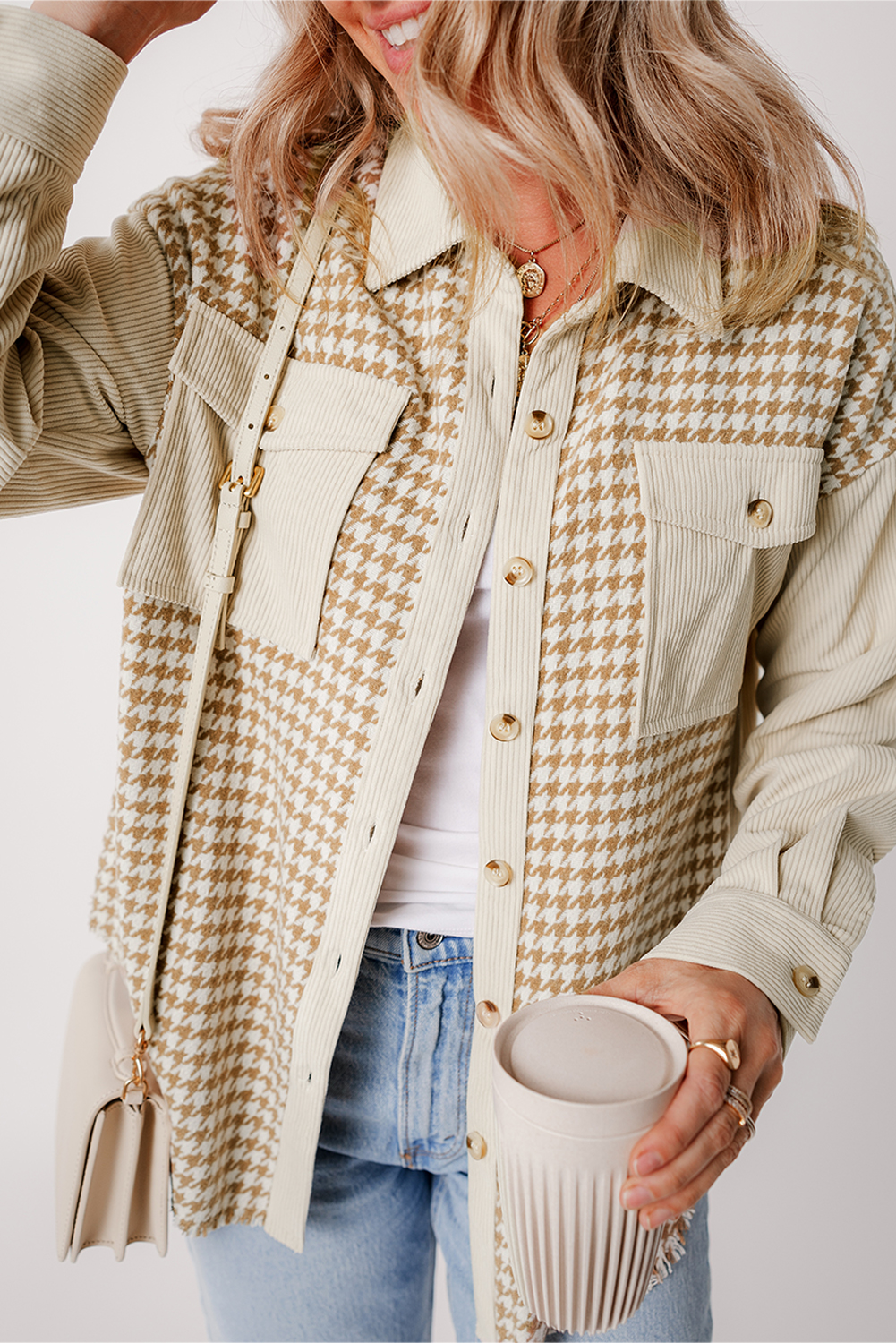Parchment Houndstooth Corduroy Patchwork Flap Pocket Shacket view 5