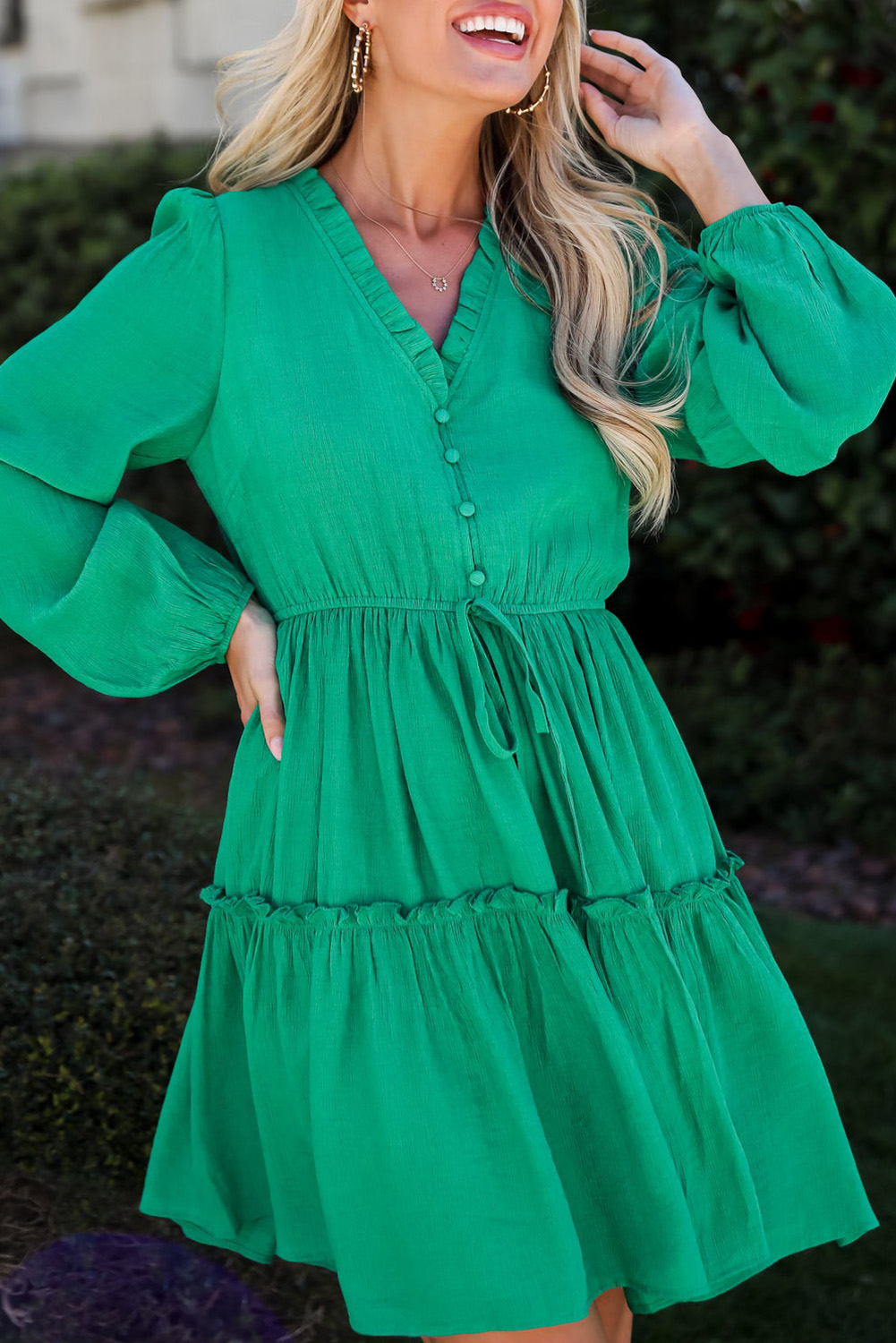 Moss Green Frilled Round Neck Short Puff Sleeve Shift Mini Dress