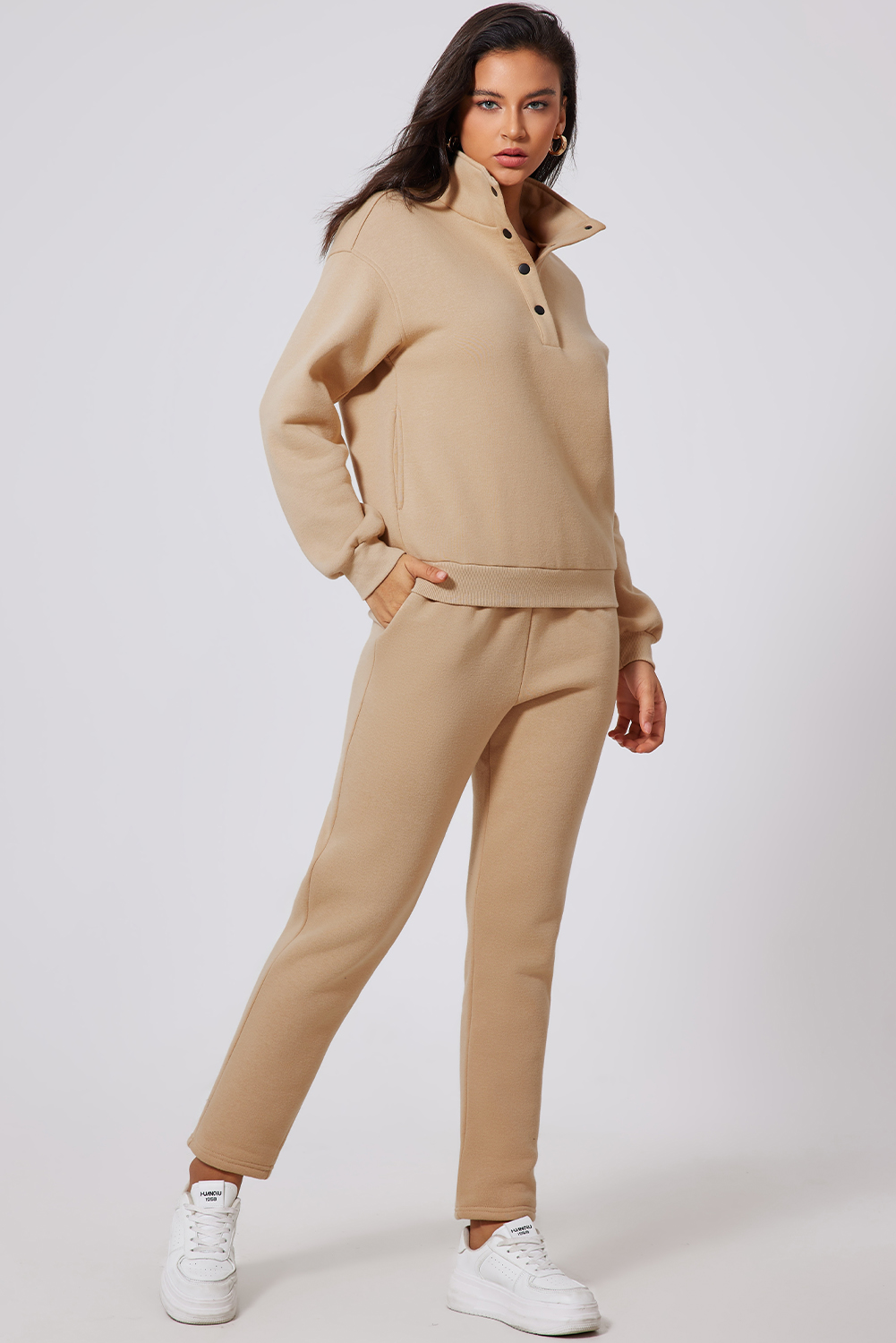 Parchment Solid Half Button Sweatshirt and High Waist Sweatpants Set view 5