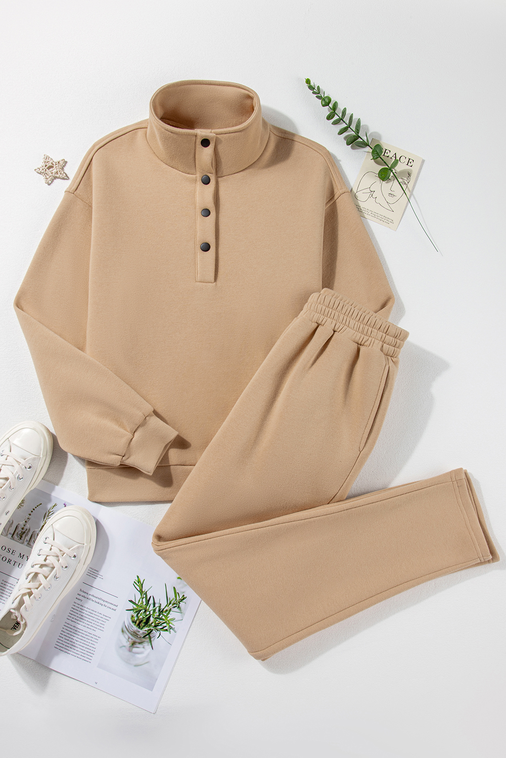 Parchment Solid Half Button Sweatshirt and High Waist Sweatpants Set view 8
