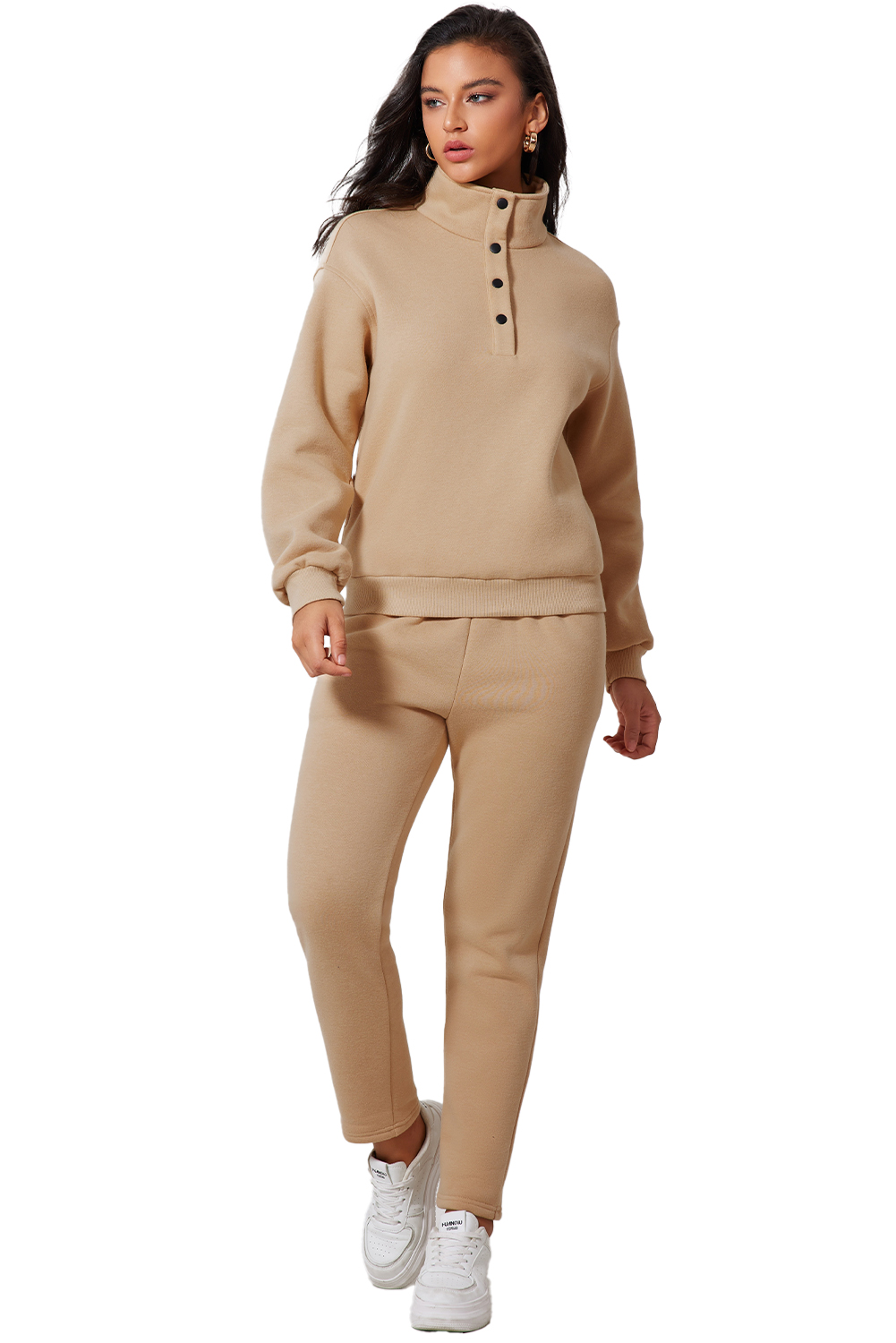 Parchment Solid Half Button Sweatshirt and High Waist Sweatpants Set view 20