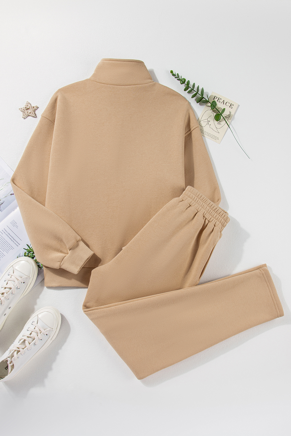 Parchment Solid Half Button Sweatshirt and High Waist Sweatpants Set view 9