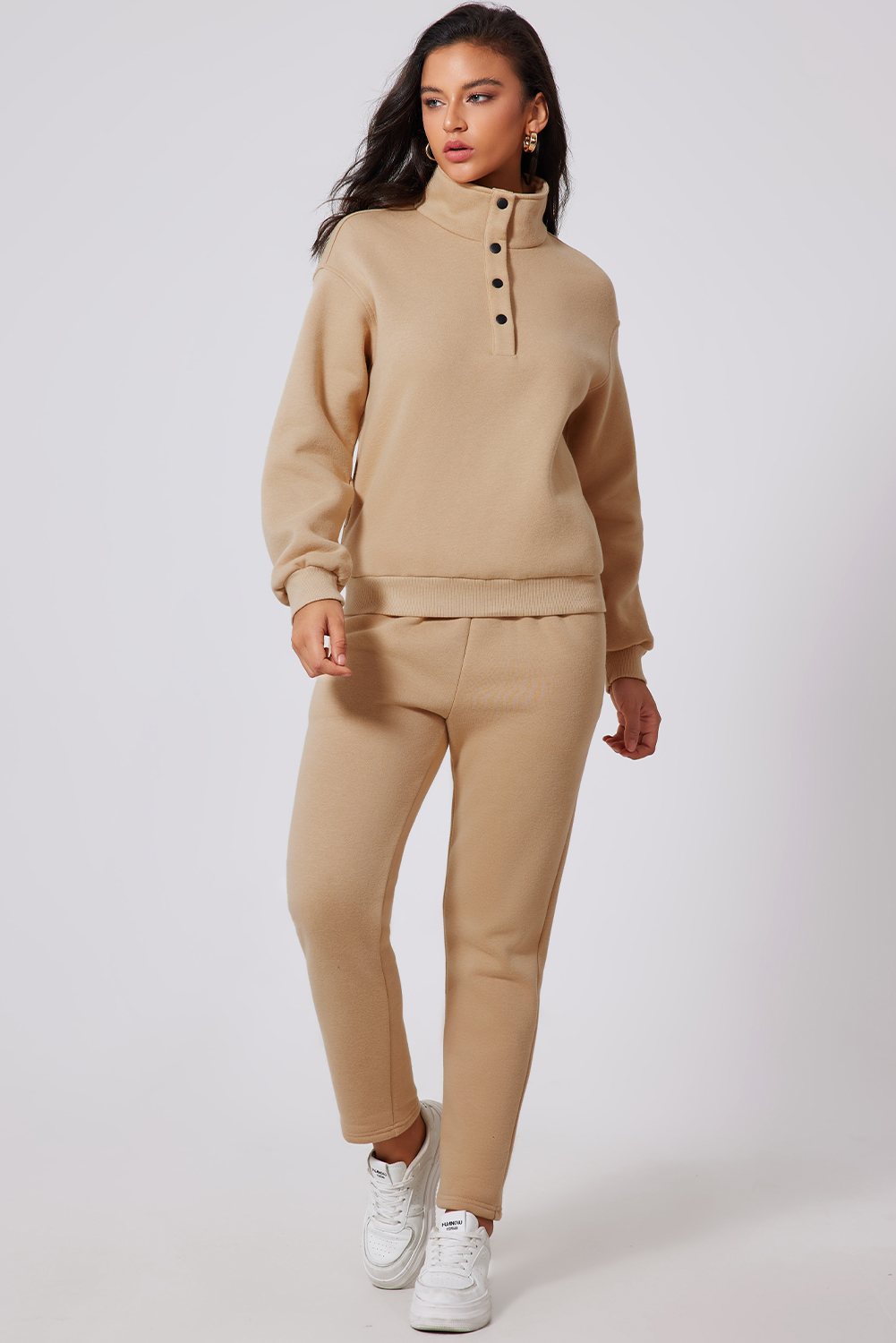 Parchment Solid Half Button Sweatshirt and High Waist Sweatpants Set view 3