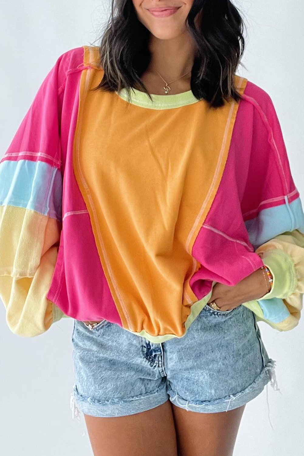 Pre-Order Multicolour Striped Exposed Seam Colorblock Patchwork Sweater main image 1