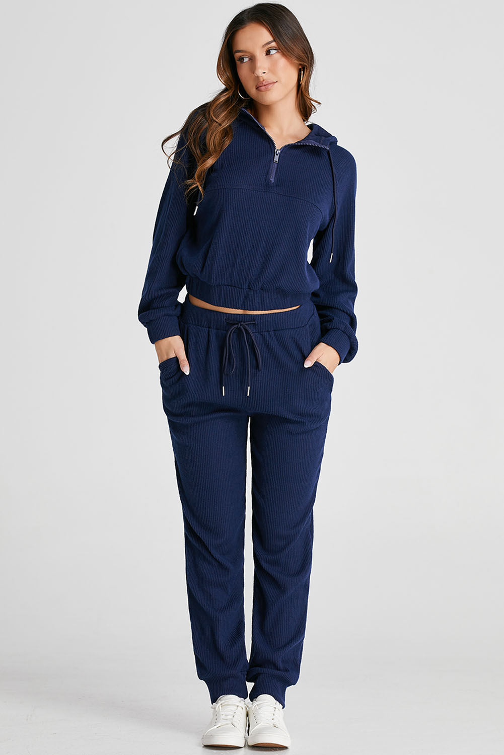Navy Blue Ribbed Knit Cropped Hoodie and Drawstring Joggers Set view 8