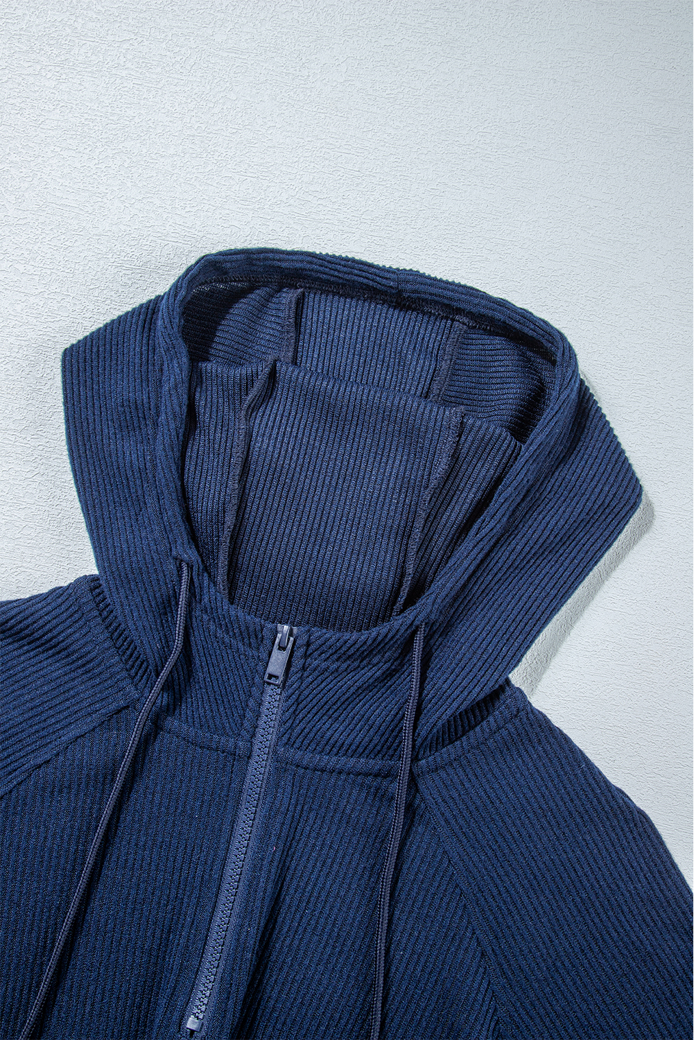 Navy Blue Ribbed Knit Cropped Hoodie and Drawstring Joggers Set view 15