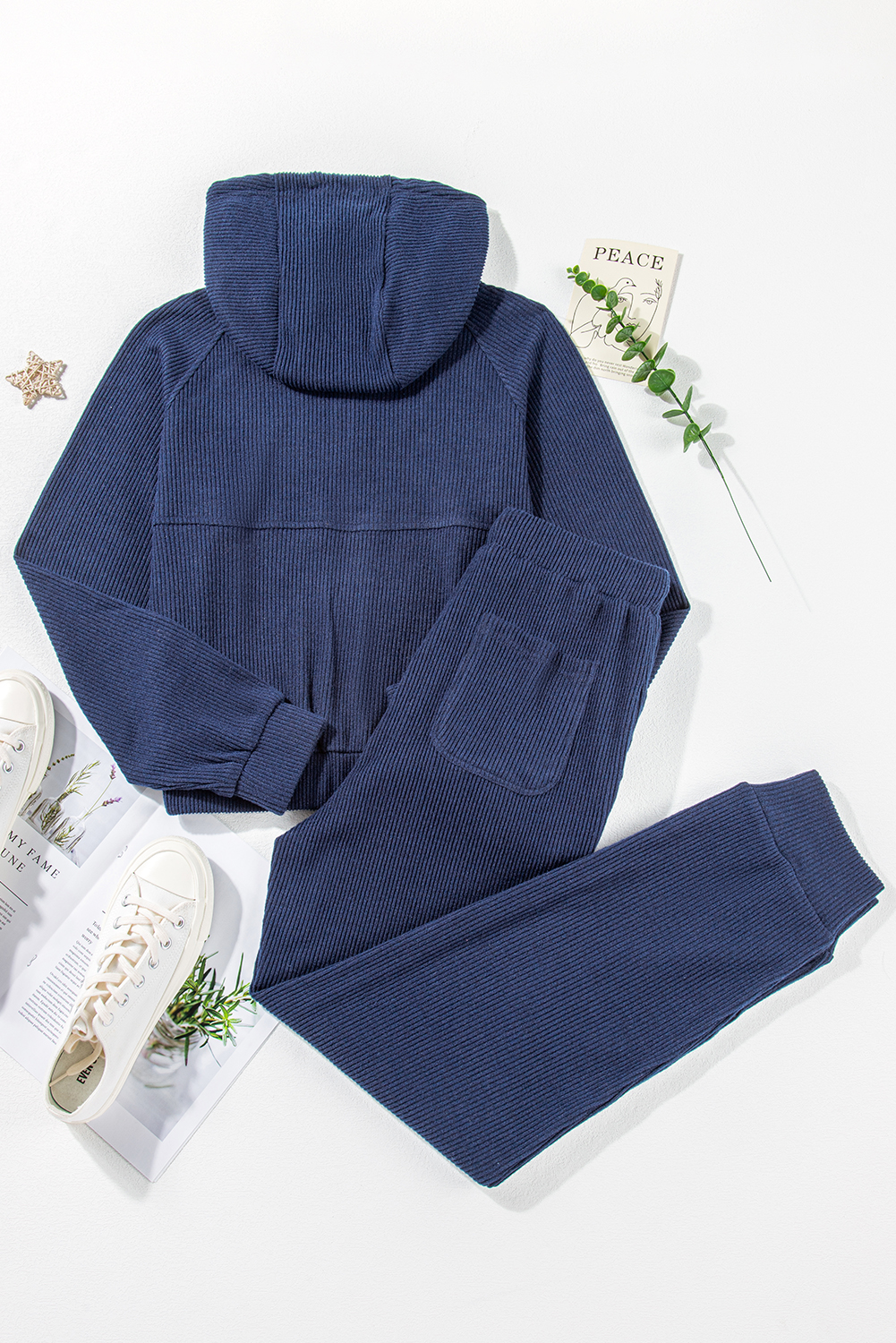 Navy Blue Ribbed Knit Cropped Hoodie and Drawstring Joggers Set view 14