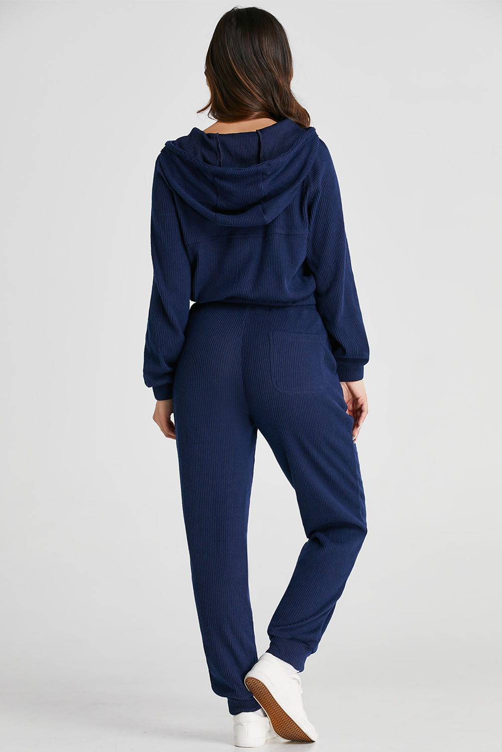 Navy Blue Ribbed Knit Cropped Hoodie and Drawstring Joggers Set view 2