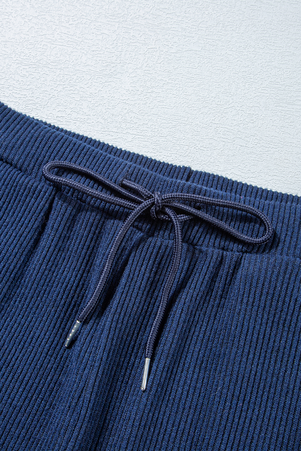 Navy Blue Ribbed Knit Cropped Hoodie and Drawstring Joggers Set view 22