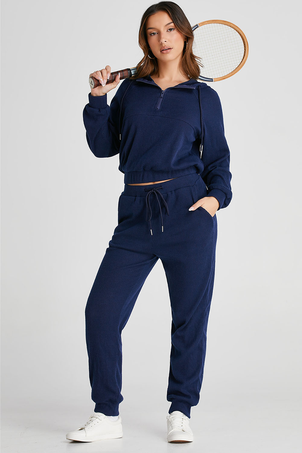 Navy Blue Ribbed Knit Cropped Hoodie and Drawstring Joggers Set view 5