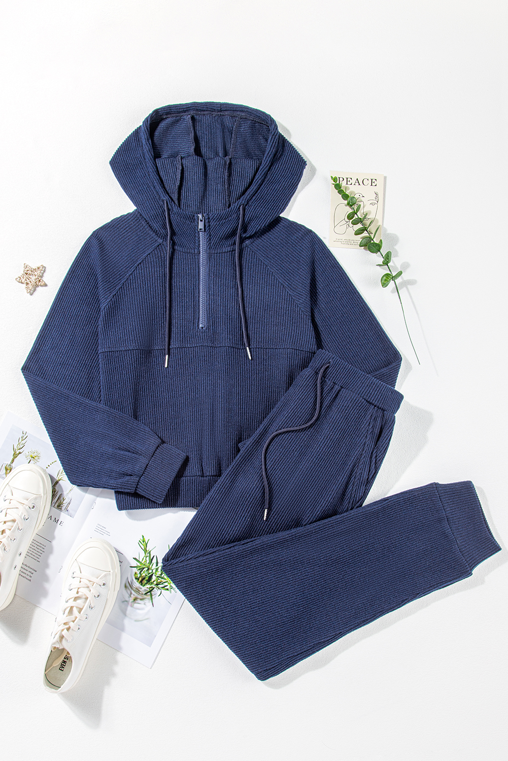 Navy Blue Ribbed Knit Cropped Hoodie and Drawstring Joggers Set view 13