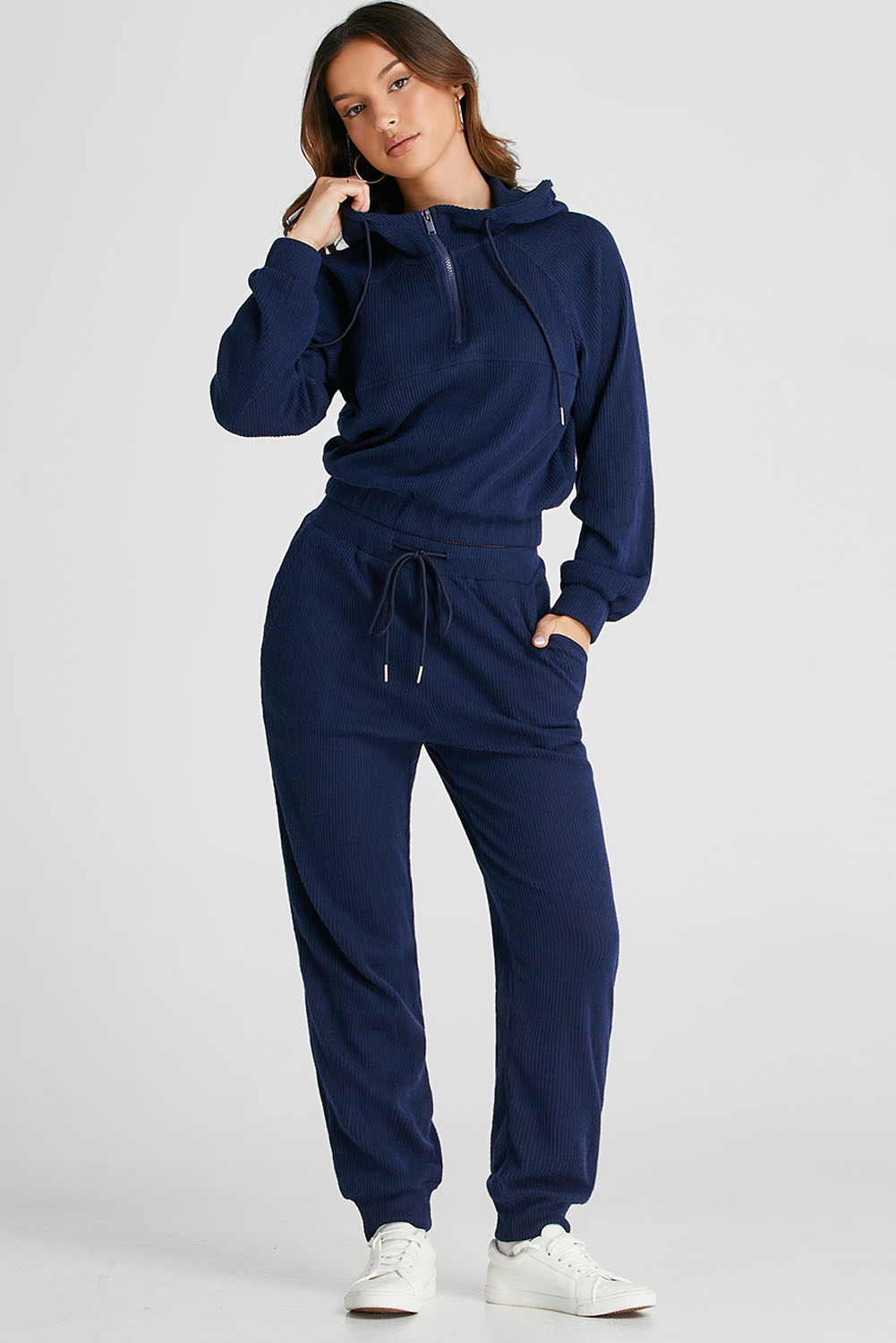 Navy Blue Ribbed Knit Cropped Hoodie and Drawstring Joggers Set view 4