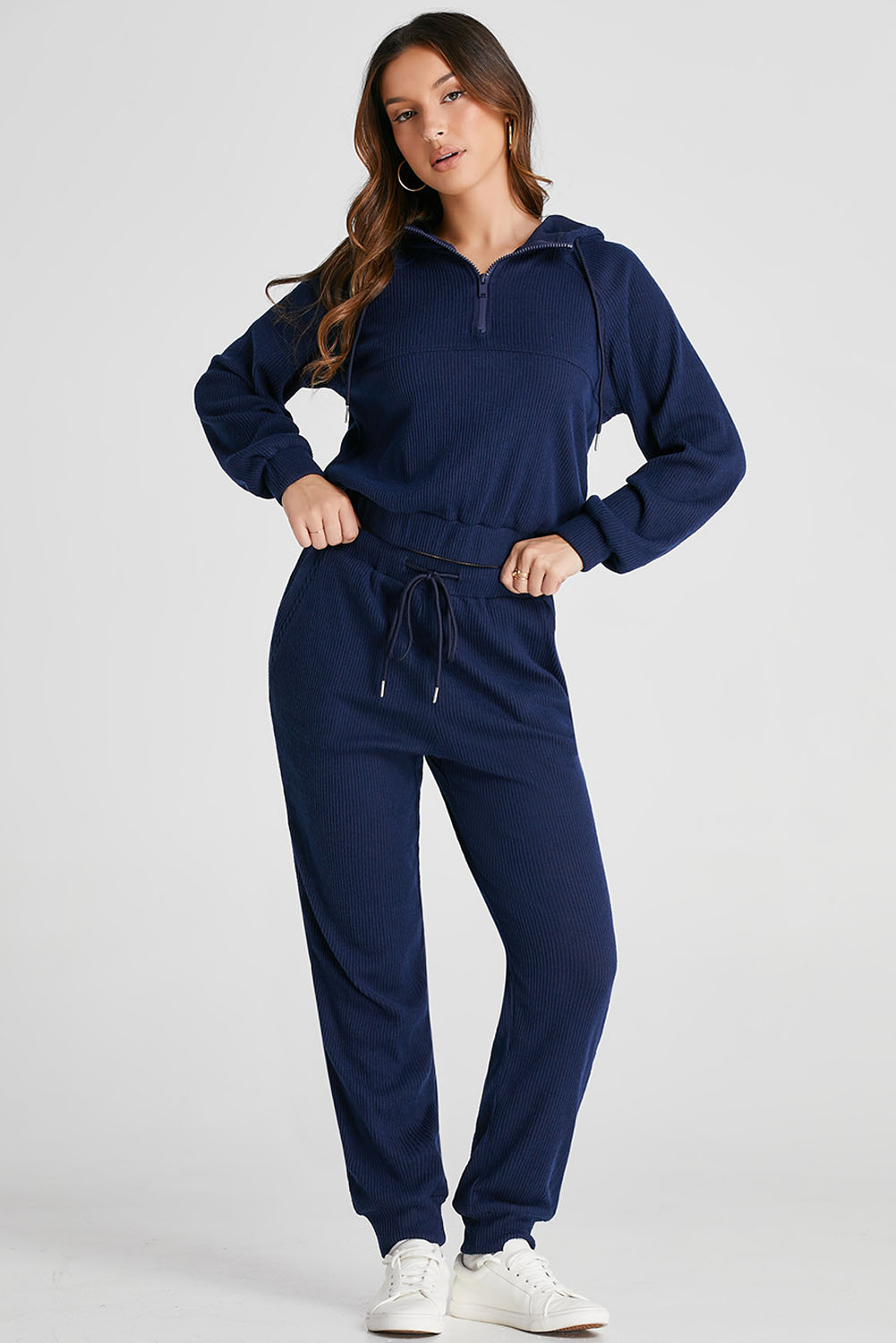 Navy Blue Ribbed Knit Cropped Hoodie and Drawstring Joggers Set view 7