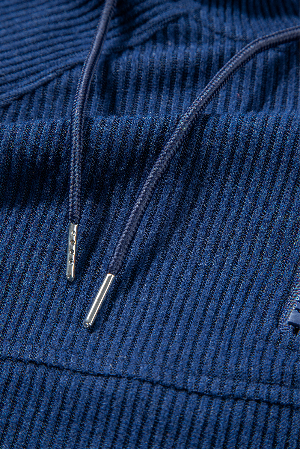 Navy Blue Ribbed Knit Cropped Hoodie and Drawstring Joggers Set view 16