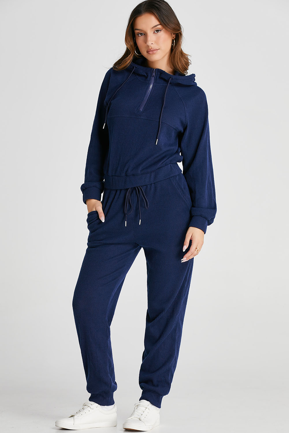 Navy Blue Ribbed Knit Cropped Hoodie and Drawstring Joggers Set view 9