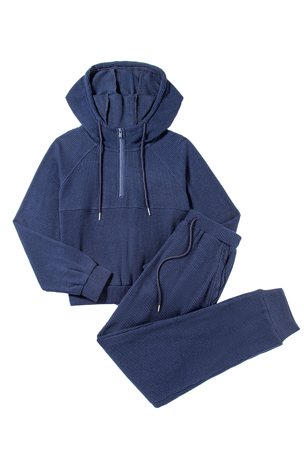 Navy Blue Ribbed Knit Cropped Hoodie and Drawstring Joggers Set view 27
