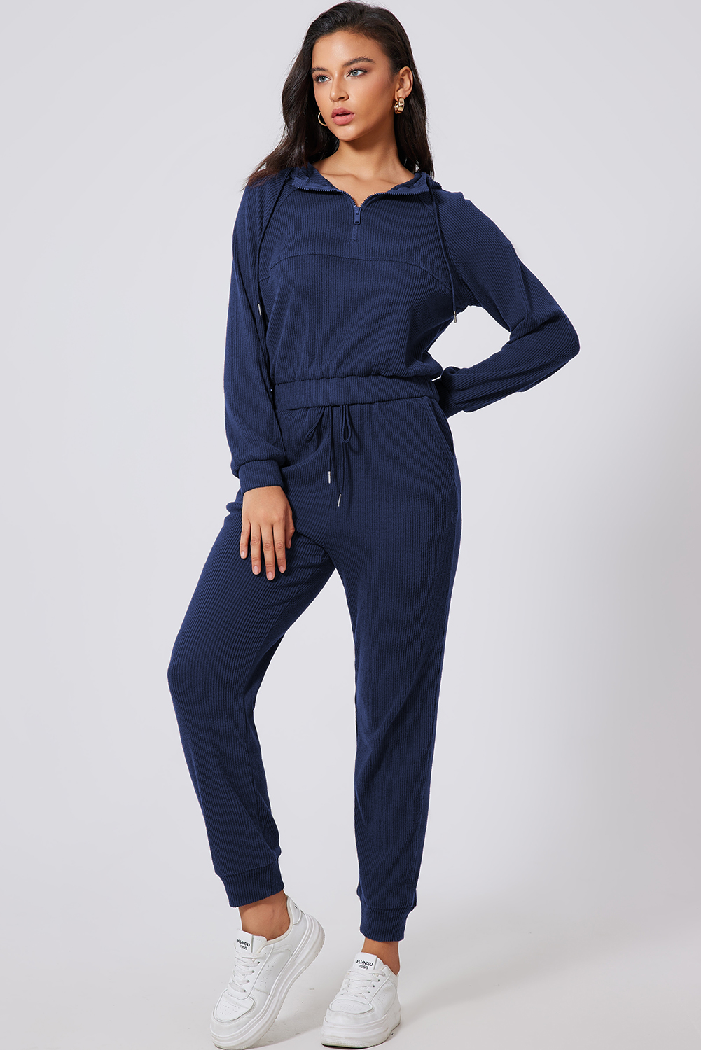 Navy Blue Ribbed Knit Cropped Hoodie and Drawstring Joggers Set view 11