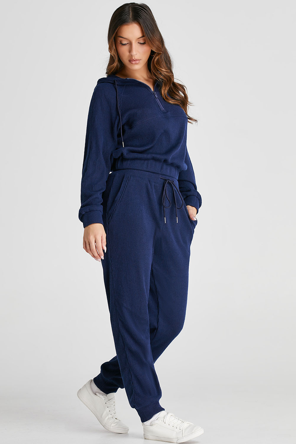 Navy Blue Ribbed Knit Cropped Hoodie and Drawstring Joggers Set view 3