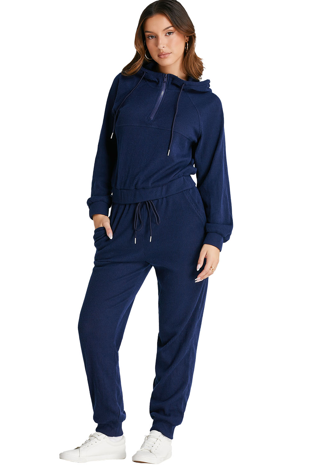 Navy Blue Ribbed Knit Cropped Hoodie and Drawstring Joggers Set view 26