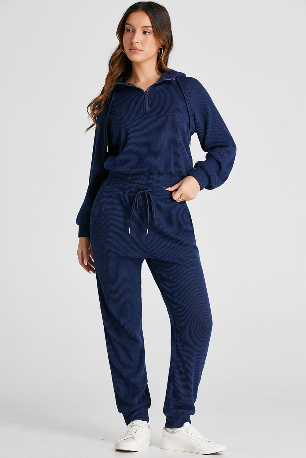 Navy Blue Ribbed Knit Cropped Hoodie and Drawstring Joggers Set view 10